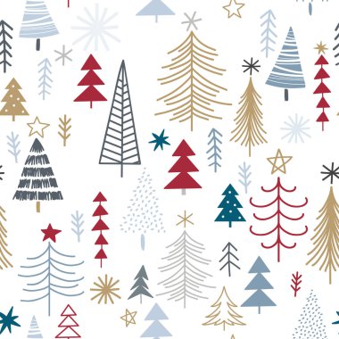 Noel ağaçları, beyaz arka planda ladin ağaçları olan kışın pürüzsüz deseni. Tekstil, kumaş, duvar kağıdı, ambalaj, hediye paketi, kağıt, hatıra defteri ve ambalaj için yüzey tasarımı