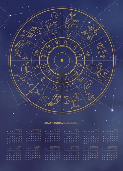 Month Year Wall Zodiac Calendar Template Set 2022 Week Starts — Stock Vector