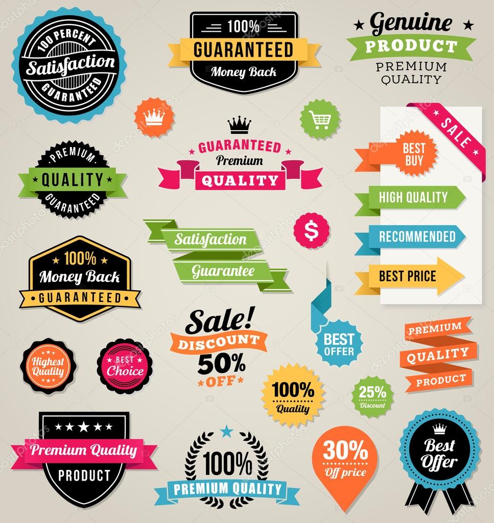 Set of composed of a lot of colorful vector Commercial Labels and Ribbon templates and web elements. Vector file is organized in layers to separate Graphic elements from Text and Shadows.