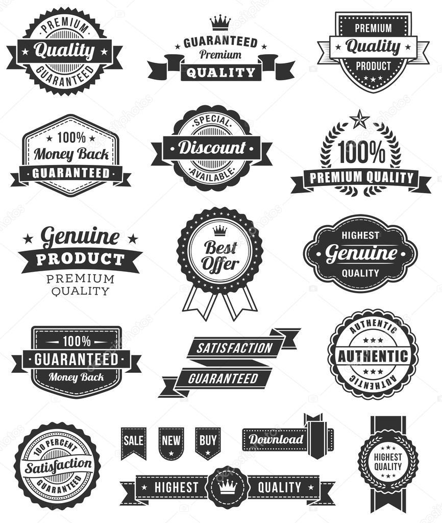 Set of many Black and White vector Commercial Labels and Ribbon templates and web elements. Vector file is organized in layers to separate Graphic elements from Text and Shadows.