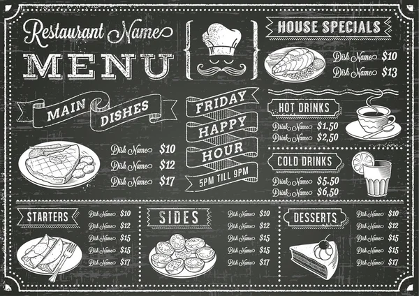 Plantilla de menú de restaurante Grunge Chalkboard — Archivo Imágenes Vectoriales