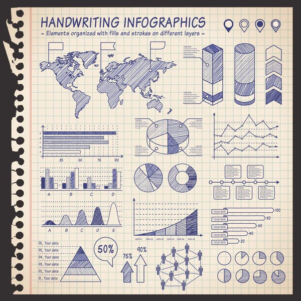 Notizbuch mit Stift gezeichnete Infografiken — Stockvektor