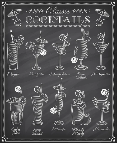 Famosi cocktail Illustrazioni Menu Lavagna — Vettoriale Stock