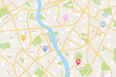 Şehir haritası navigasyonu. GPS navigatörü. Puan simgesi simgesi. Üst manzara, yukarıdan görüş. Soyut arkaplan. Basit, şirin bir tasarım. Düz biçim vektör illüstrasyonu