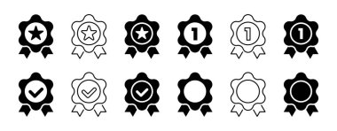 Onay denetimi büyük simge seti. Doğrulanmış, onaylanmış, madalya, doğru nişan, ödül kurdelesi, rozet, kalite onaylama işareti - hisse senedi vektörü