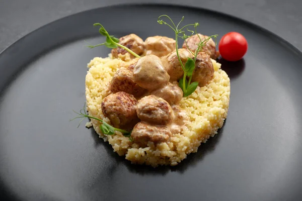 Boiled Children Pasta Stars Meatballs Cherry Tomatoes Microgreen Black Background — Stock Photo, Image