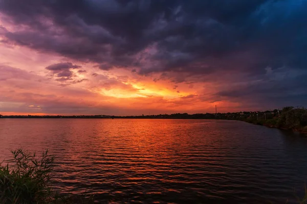 Splendida Alba Sul Lago Con Canne Primo Piano — Foto Stock