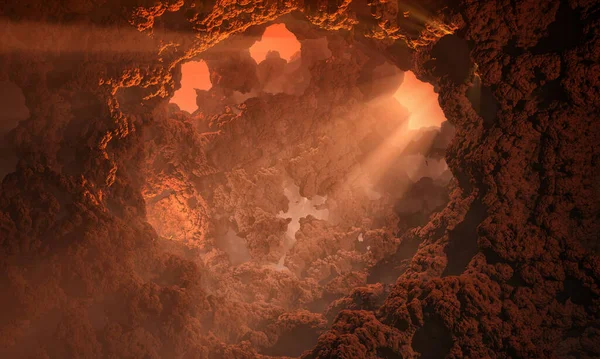 Illustrazione Una Fantastica Grotta Con Buchi Nelle Pareti Raggi Luce — Foto Stock