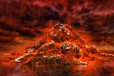 3D illüstrasyon, gölün kıyısındaki volkanik dağ, kırmızı renkli korkunç gökyüzünün arka planına karşı.