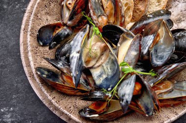 Krem peynir soslu midye yumuşakçaları, bir tabakta, fotokopi alanı olan koyu bir arka planda. Yatay