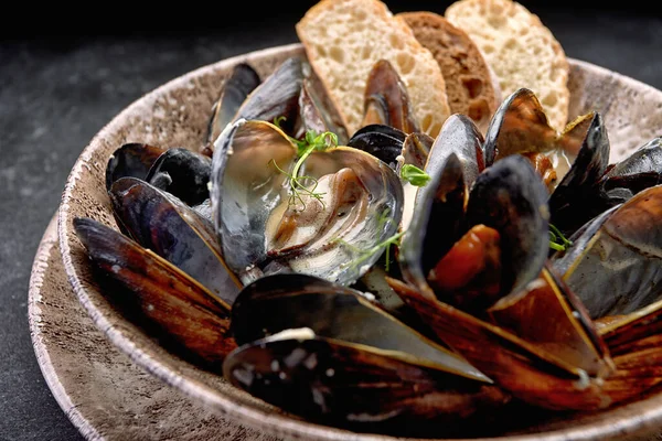 Krem peynir soslu midye yumuşakçaları, bir tabakta, fotokopi alanı olan koyu bir arka planda. Yatay