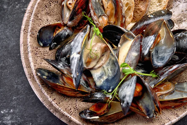 Krem peynir soslu midye yumuşakçaları, bir tabakta, fotokopi alanı olan koyu bir arka planda. Yatay