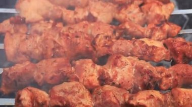 Izgarada kızartılmış domuz kebabı, yakın plan.