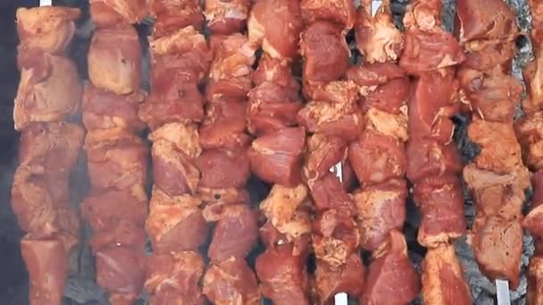 Kebab Porco Frito Grelha Com Fumaça Close — Vídeo de Stock