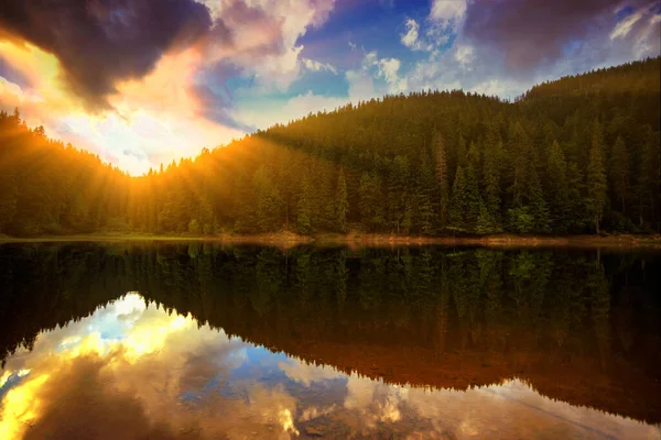 Mountain lake in the Synevyr nature reserve, at sunset, sunrise — Stock Photo, Image