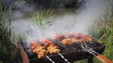 Izgara tavuk kanatları ve uyluklar, açık havada ızgarada, güneşli bir günde sığ bir tarlada
