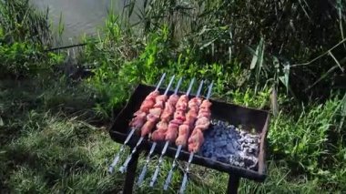 Şiş üzerinde domuz kebabı, doğada ev yapımı bir barbeküde, yeşil çimenlerin arka planında kızartılır.