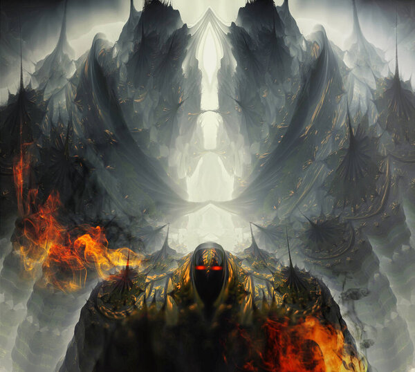 Fantastic image of a space guard against the background of the mountains of another world, a planet with fire, 3d image