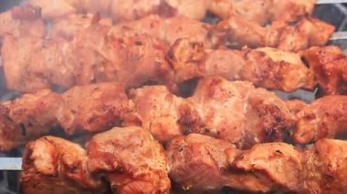 Sulu domuz kebabı duman içinde, restoran yemeği, doğum günü partisi ve dostça bir toplantı için mükemmel..