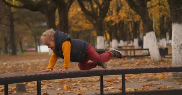 Glad liten pojke kryper på bänk i stadsparken, promenader på hösten helgen, leende barn njuter bekymmerslös barndom — Stockvideo