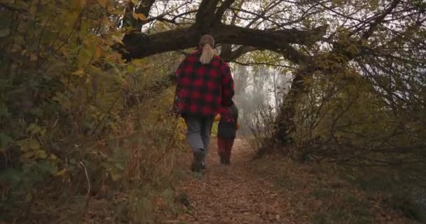Familie van moeder en kleine zoon hebben plezier in het bos in de herfst dag, lopen over pad, volgende schot, geluk en vreugde — Stockvideo