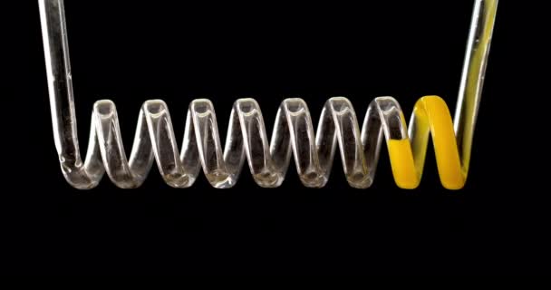 The yellow liquid fills the spiral of glass on a black background in slow motion. Chemical capacitor on a black background — Stock Video