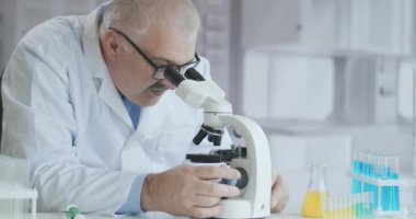 Mikrobiyoloji Laboratuvarı: Bilim adamı Çeşitli Bakterilerle Çalışıyor. Antibiyotikler için farmasötik araştırma kavramı, DNA ile hastalıkları iyileştirme ilaçları. Mikroskoplu bir doktor.