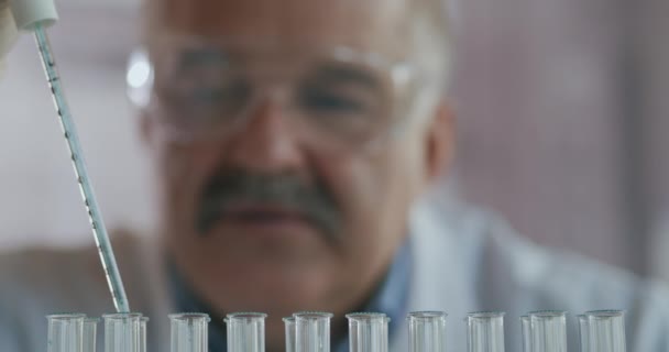 과학자들은 시험관에 액체를 떨어뜨리고 실험실에서 몸을 흔들어 댄다. 피펫은 시험용 턱받이에 유색 화학 물질을 넣고 있다. 과학계의 근간을 다룸 — 비디오