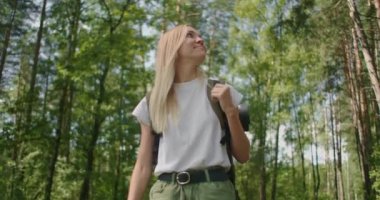 Güneşli bir yaz gününde şort ve tişörtle ormanın ve doğanın güzelliğini inceleyen bir kadın ormanda yürüyor.
