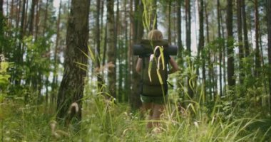 Bir kadının arkadan görünüşü çam ormanının içinden sırt çantasıyla orman yolunda yürüyor.