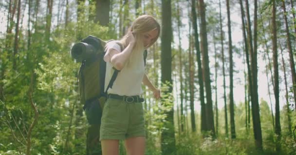 En ung kvinna blond turist går genom skogen i slow motion med en ryggsäck som passerar genom en stock under ett äventyr — Stockvideo