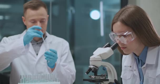 Équipe de virologiste homme et femme explore le virus de la covide-19 en laboratoire, développement de médicaments en entreprise médicale — Video