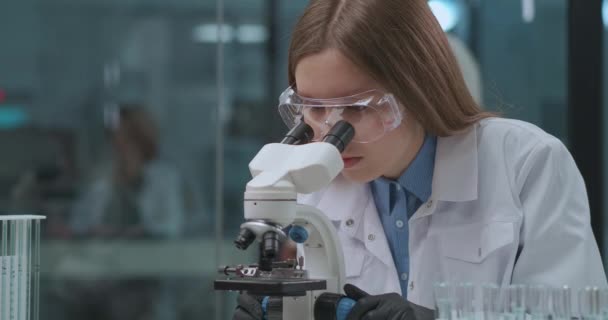 Esperto forense sta testando le prove in laboratorio, la visualizzazione di campioni al microscopio, tecnico femminile sta ricercando l'analisi — Video Stock