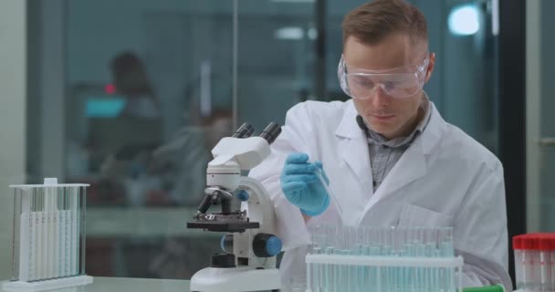 Chimiste travaille avec des réactifs et des produits chimiques en laboratoire, prélever des échantillons dans les éprouvettes et mélanger dans la plaque — Video