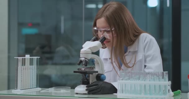 Laboratorietester av vaccin och läkemedel, kvinnlig tekniker tittar på analys i mikroskop — Stockvideo