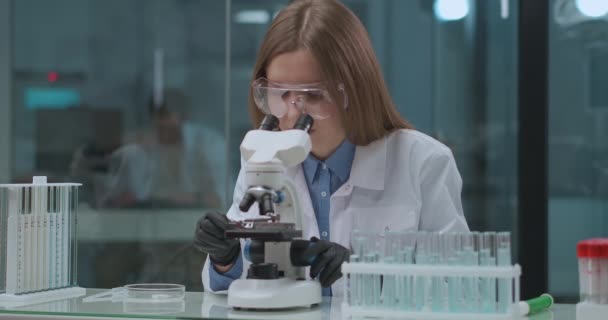 Лаборант просматривает анализ коронавируса в лаборатории, рассматривает в медицинском микроскопе — стоковое видео