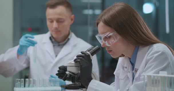 Team di professionisti sanitari sta lavorando nel laboratorio di ricerca di istituti scientifici, chimici e medici di sesso maschile e femminile — Video Stock