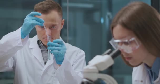 Hommes et femmes scientifiques travaillent en laboratoire chimique, la recherche et l'expérimentation avec des réactifs — Video