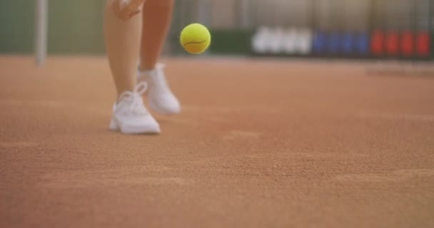 Close-up de uma mulher pegando uma bola do chão no mapa usando uma raquete. Fechar - acima de uma bola de tênis — Vídeo de Stock