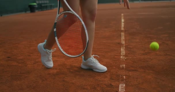Жінка, яка грає в теніс, виконує поставки. професійно готує теніс. Молода красива дівчина грає в теніс. тенісне приладдя — стокове відео