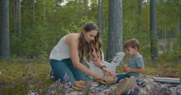 Picnic familiar en el bosque, la madre joven y su hijo pequeño están sentados en la manta y la preparación de alimentos, fin de semana en la naturaleza — Vídeo de stock