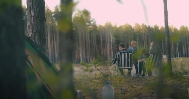 Picnic di famiglia nella foresta, uomo e donna sono seduti in poltrone e relax, i bambini piccoli stanno giocando vicino alla natura, campeggio in riserva — Video Stock