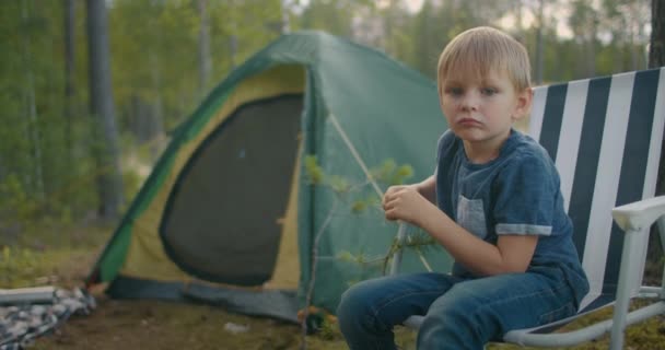 Portrét malého chlapce v lesním táboře, dítě sedí na židli v blízkosti turistického stanu, odpočinek v přírodě v létě nebo na podzim — Stock video