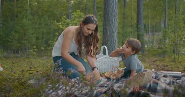 小さな息子を持つきれいな女性が一緒に森の中で休んでいます自然の中で家族の朝食、母親と子供 — ストック動画