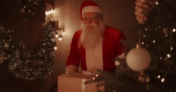 Santa trae un regalo a los niños en la noche de Navidad y lo pone cerca del árbol de Navidad en la casa de los niños. la cámara monitorea la entrega del regalo bajo el árbol — Vídeos de Stock