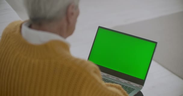 Starší žena se podívá na monitor se zelenou obrazovkou a mluví přes video spojení se svou vnučkou nebo dcerou nebo doktorem. Video nápověda pro seniory. Babička používá notebook — Stock video