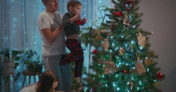 家族は一緒にクリスマスツリーを飾る。父親は母親と2人の子供が一緒にクリスマスツリーに入れています。クリスマス・イブの幸せな家族 — ストック動画