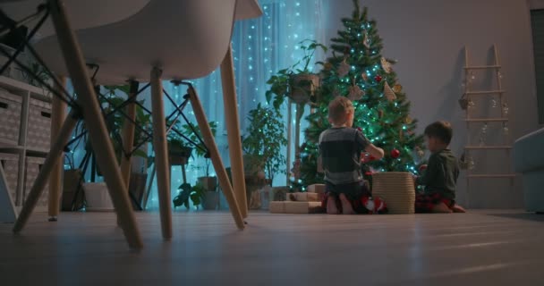 Deux garçons décorent le sapin de Noël à la maison — Video