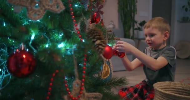 Boy wears Christmas toys for Christmas tree — Stock Video