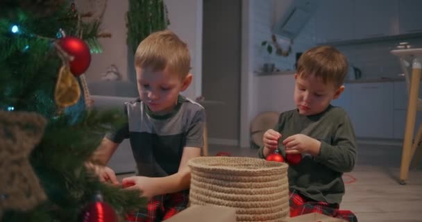 Zwei Jungen im Alter von 3-5 Jahren schmücken gemeinsam den Weihnachtsbaum vor Weihnachten. Gemeinsam das Haus dekorieren — Stockvideo